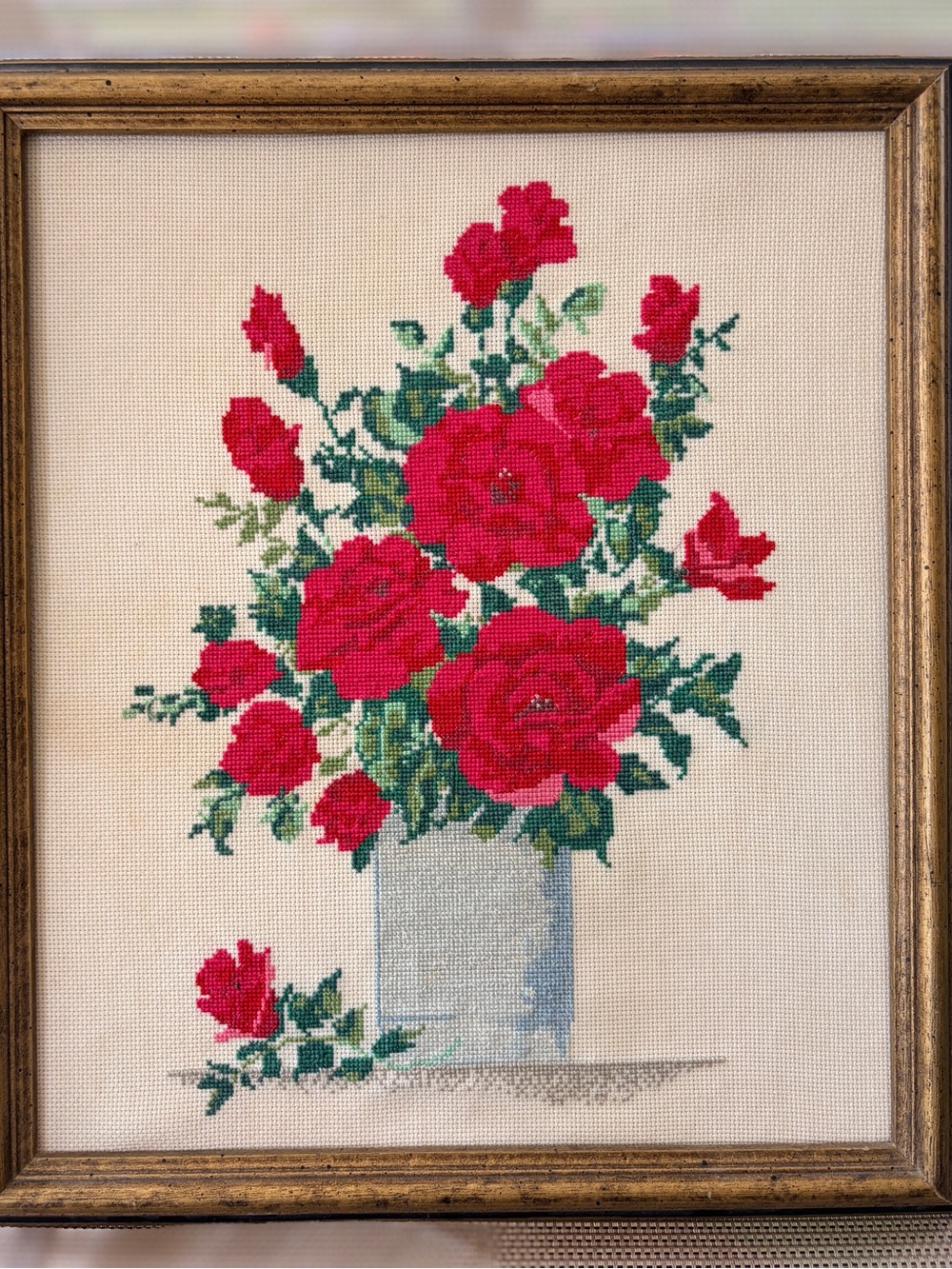 Vintage Framed Red Rose Needlepoint Bouquet Handmade Grandma Cottage 80’s Pict